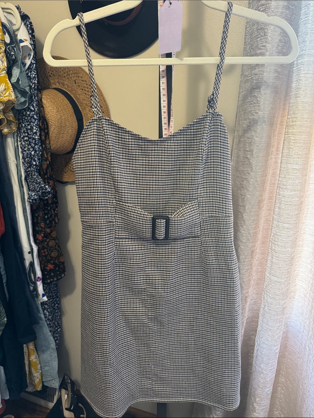 Free People Black and White Houndstooth Spaghetti Strap Mini Dress